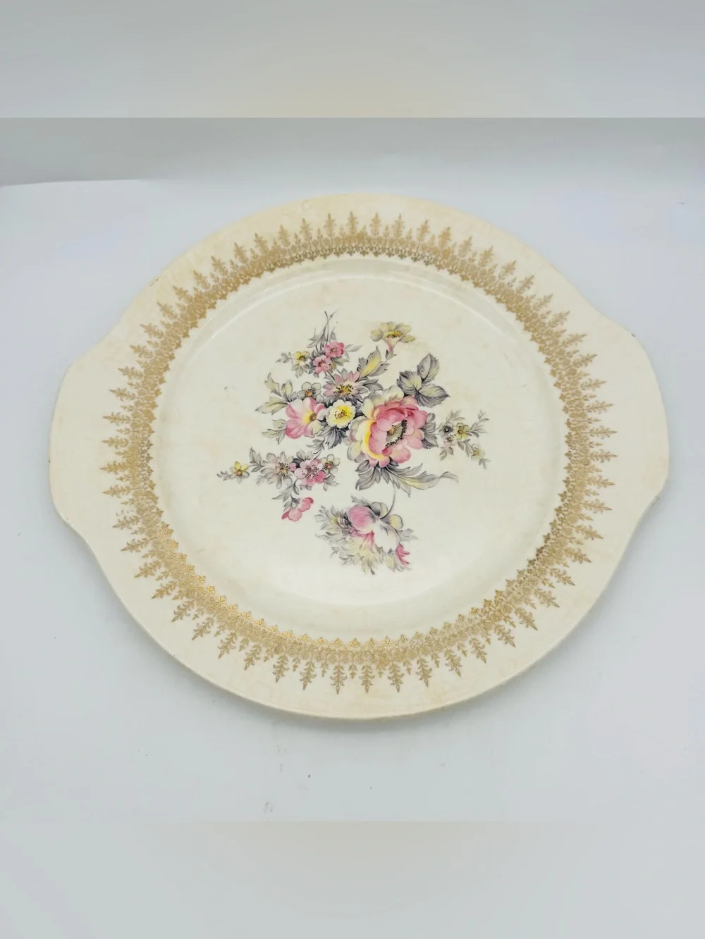 Vintage French Saxon China Co. Cake Plate, Floral, 22k Gold Trim